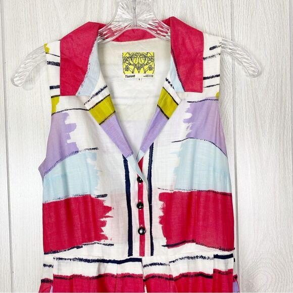 Floreat | Multicolor Paint Striped Pleated Cotton Dress Size 2 - Picture 3 of 13